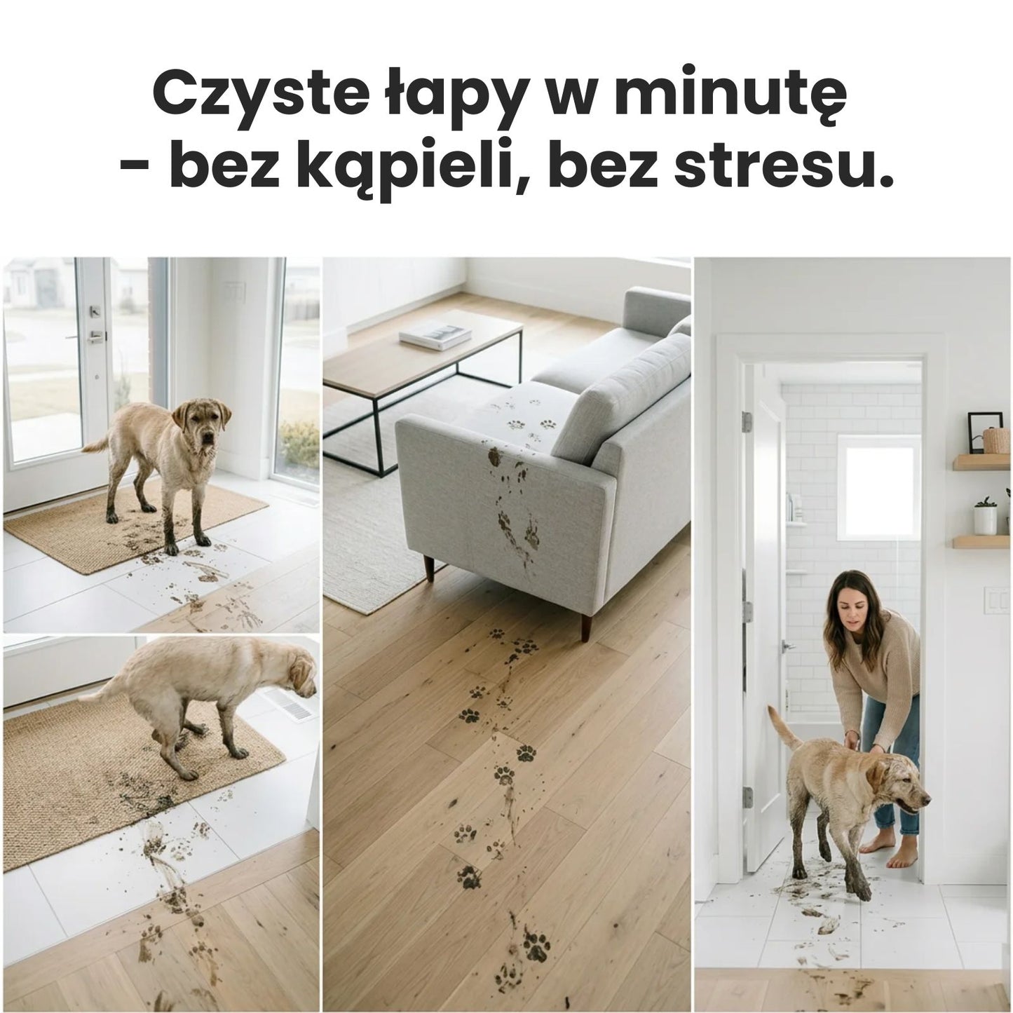Brudne łapy psa zostawiające ślady na podłodze, dywanie i kanapie – problem rozwiązują rękawice Zenevo