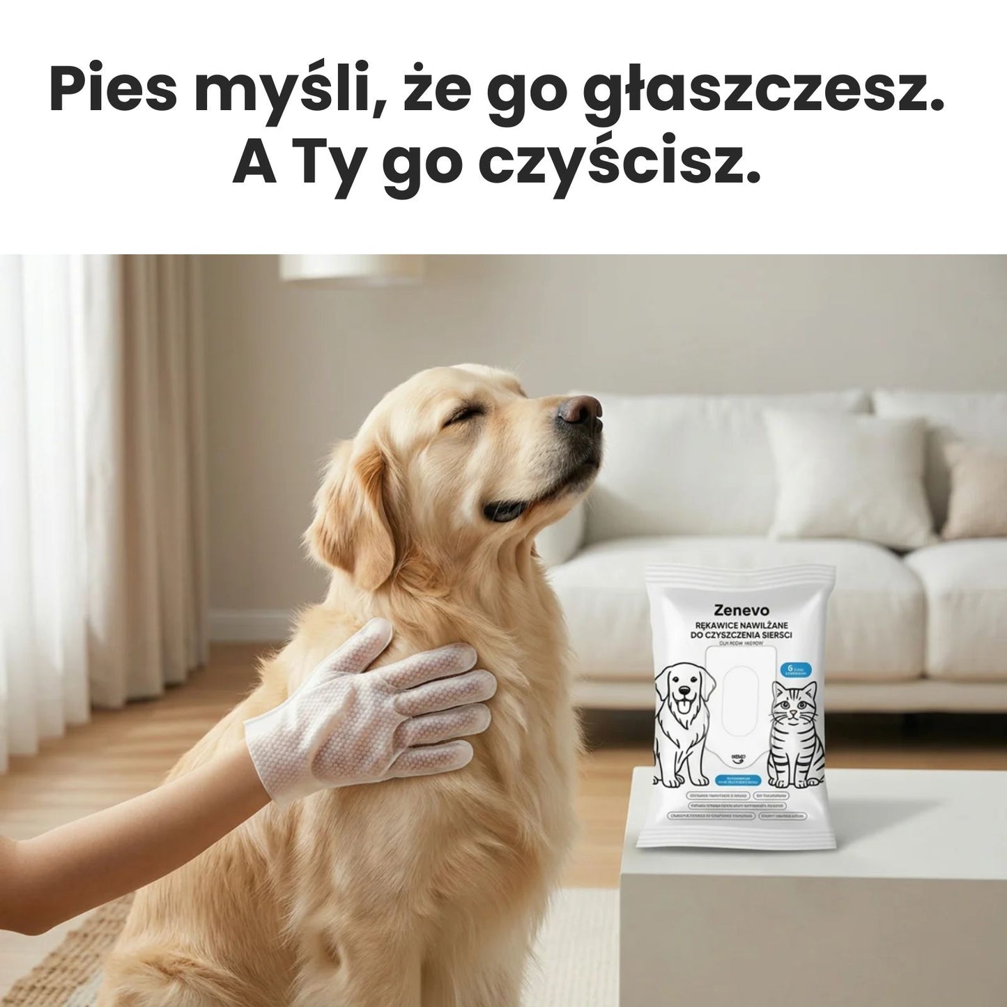 Golden retriever w salonie czyszczony rękawicą Zenevo do sierści – pies myśli, że go głaszczesz