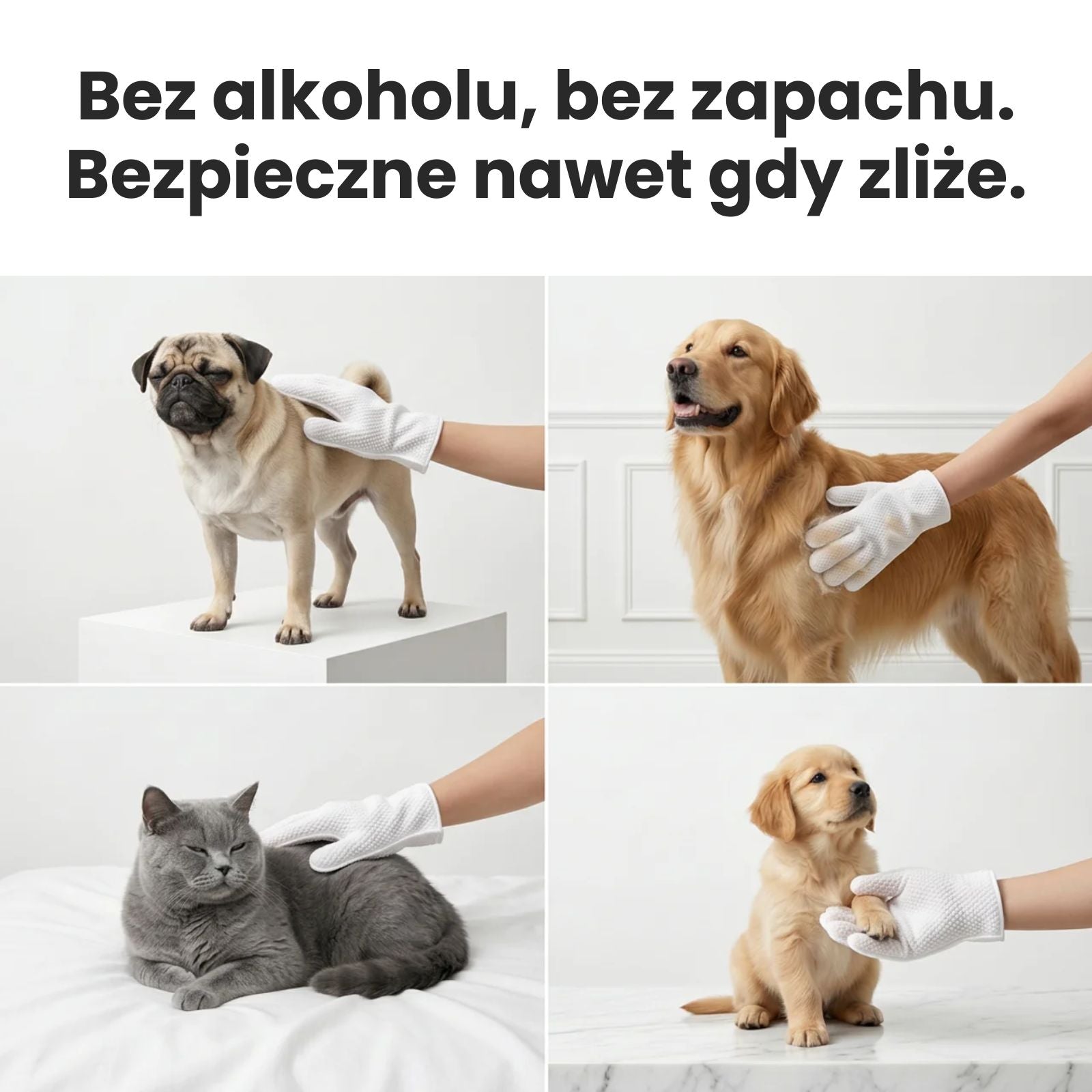 Rękawice Zenevo czyszczą mopsa, golden retrievera, kota i szczeniaka – bez alkoholu, bez zapachu