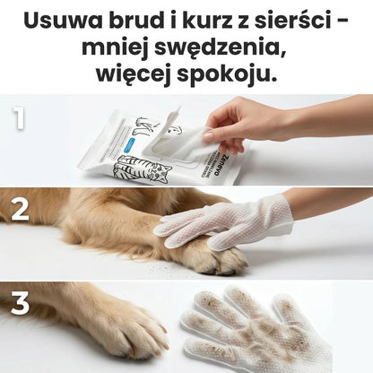 Sposób użycia rękawicy Zenevo – wyjmij z opakowania, oczyść łapy psa, zobacz brud zebrany na rękawicy