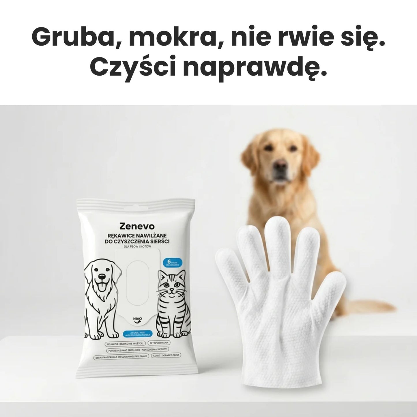 Gruba i mokra rękawica Zenevo do czyszczenia psów – wytrzymała struktura nie rwie się podczas używania