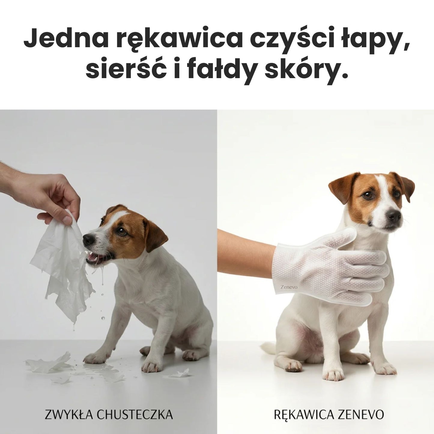 Porównanie rękawicy Zenevo i zwykłej chusteczki – jedna rękawica czyści łapy, sierść i fałdy skóry psa