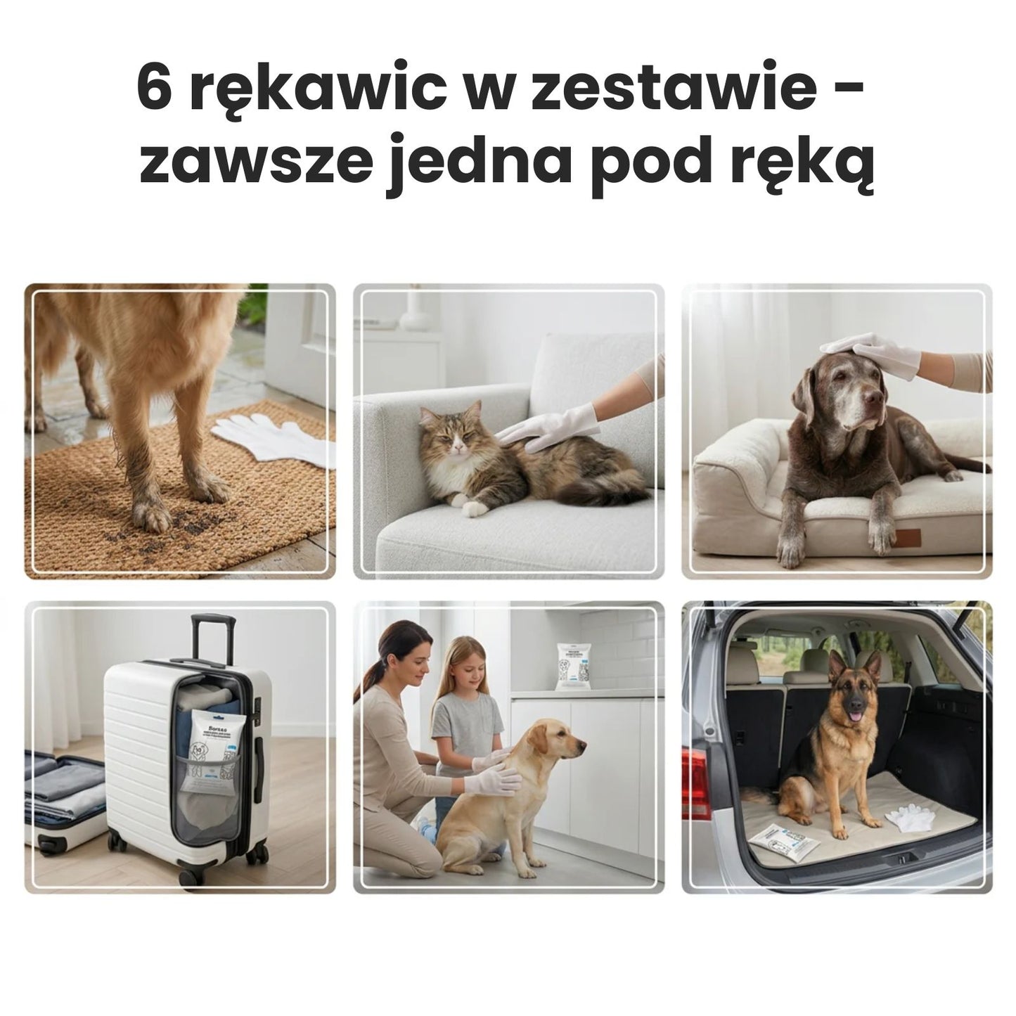 6 rękawic Zenevo w zestawie – po spacerze, kanapa z kotem, leżak psa, walizka, w kuchni i w samochodzie