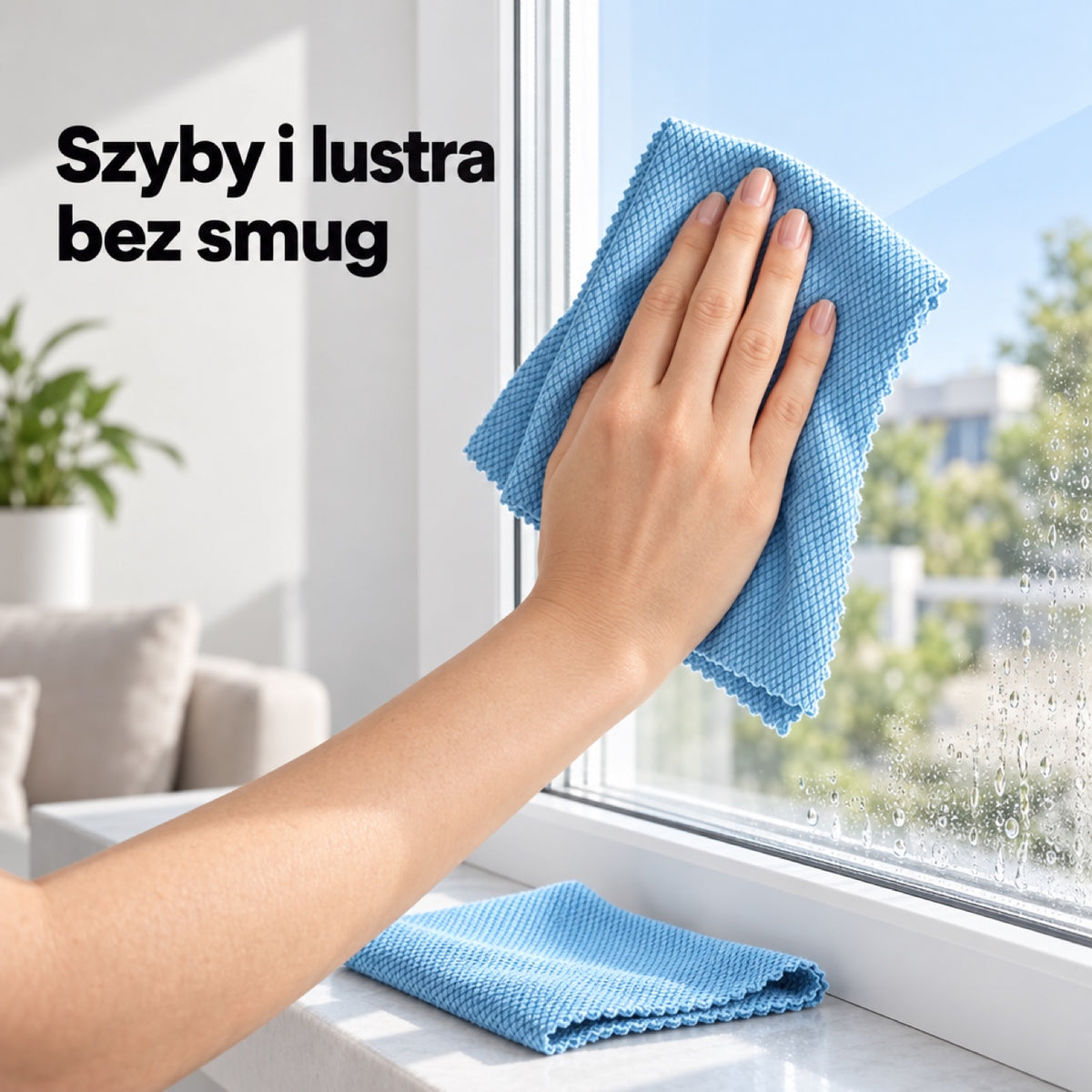 Magiczna ściereczka myje szybę okna, druga sucha leży na parapecie