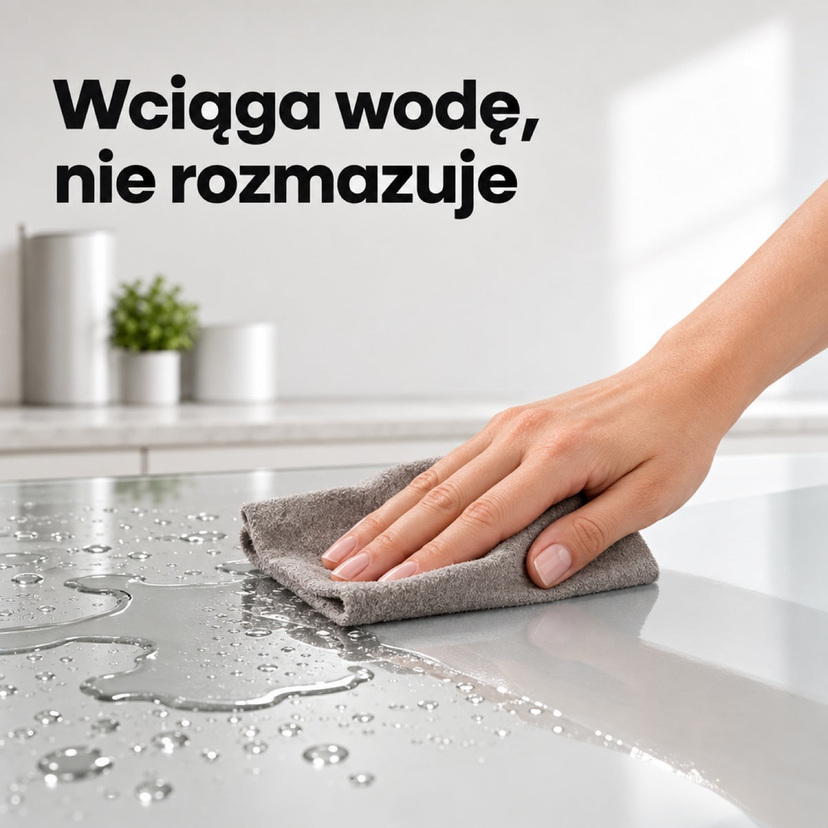 Magiczna ściereczka zbiera rozlaną wodę ze szklanego blatu