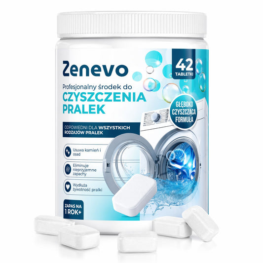 Tabletki do czyszczenia pralki Zenevo 42 szt – opakowanie z tabletkami i pralką w tle