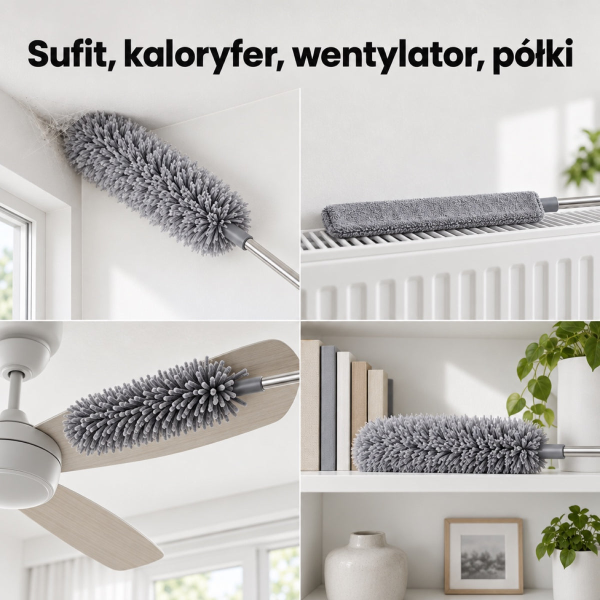 Trzy końcówki miotełki na suficie, kaloryferze, wentylatorze i półce