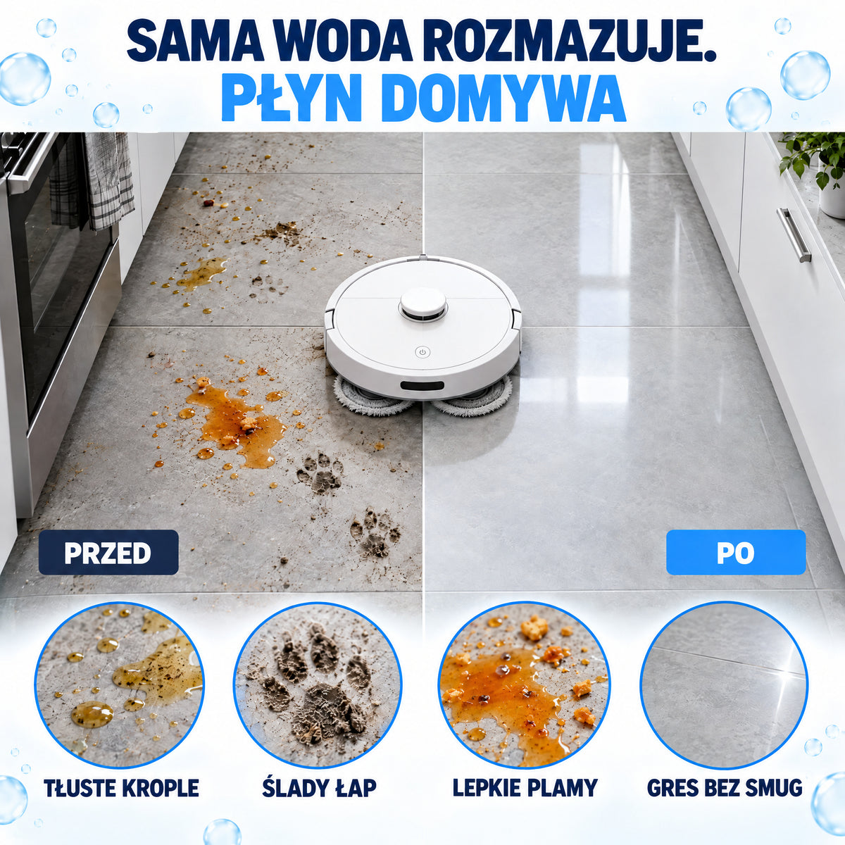Podłoga w kuchni przed i po mopowaniu robotem z płynem Zenevo