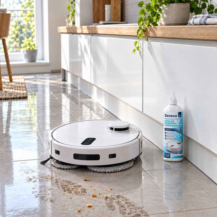 Robot myje lśniący gres w kuchni, obok płyn do robotów mopujących Zenevo