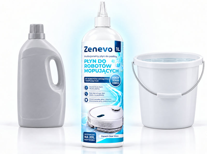 Płyn Zenevo obok zwykłego płynu do podłóg i wiadra z samą wodą