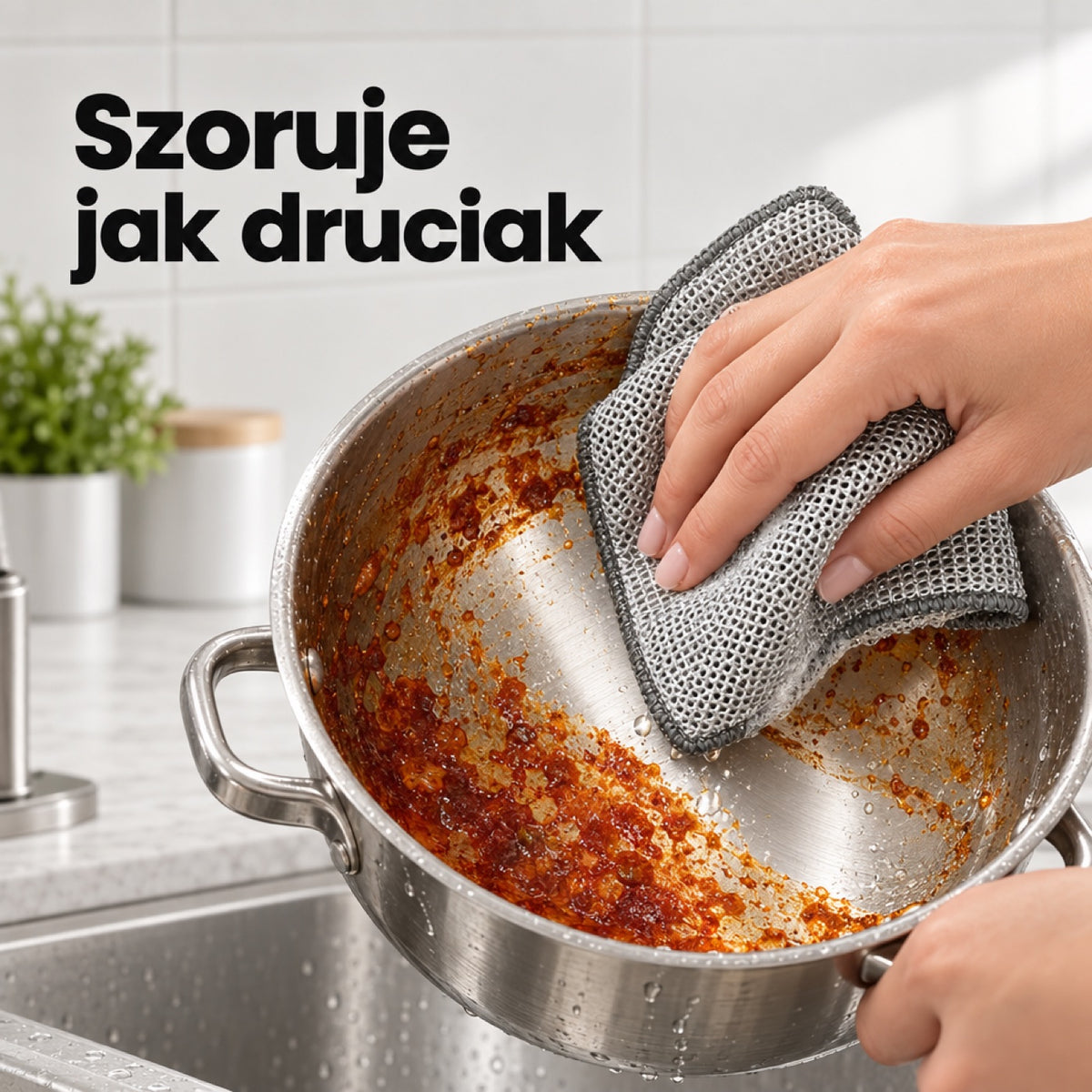 Ściereczka druciana szoruje zaschnięty sos w stalowym garnku