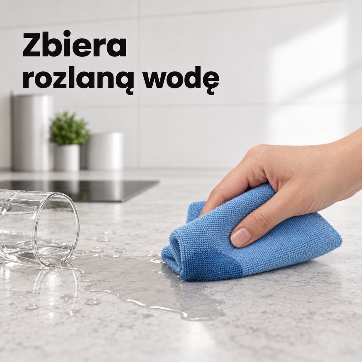 Ściereczka z mikrofibry zbiera rozlaną wodę z kuchennego blatu