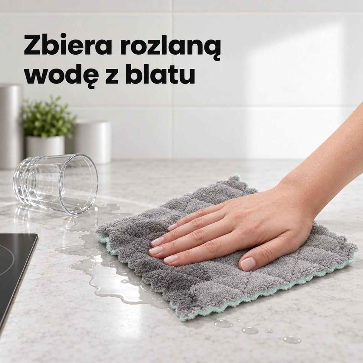 Ścierka ultrachłonna zbiera rozlaną wodę z blatu
