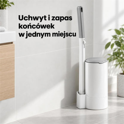 Uchwyt szczotki do WC w gnieździe stojaka z zamkniętym pojemnikiem na końcówki