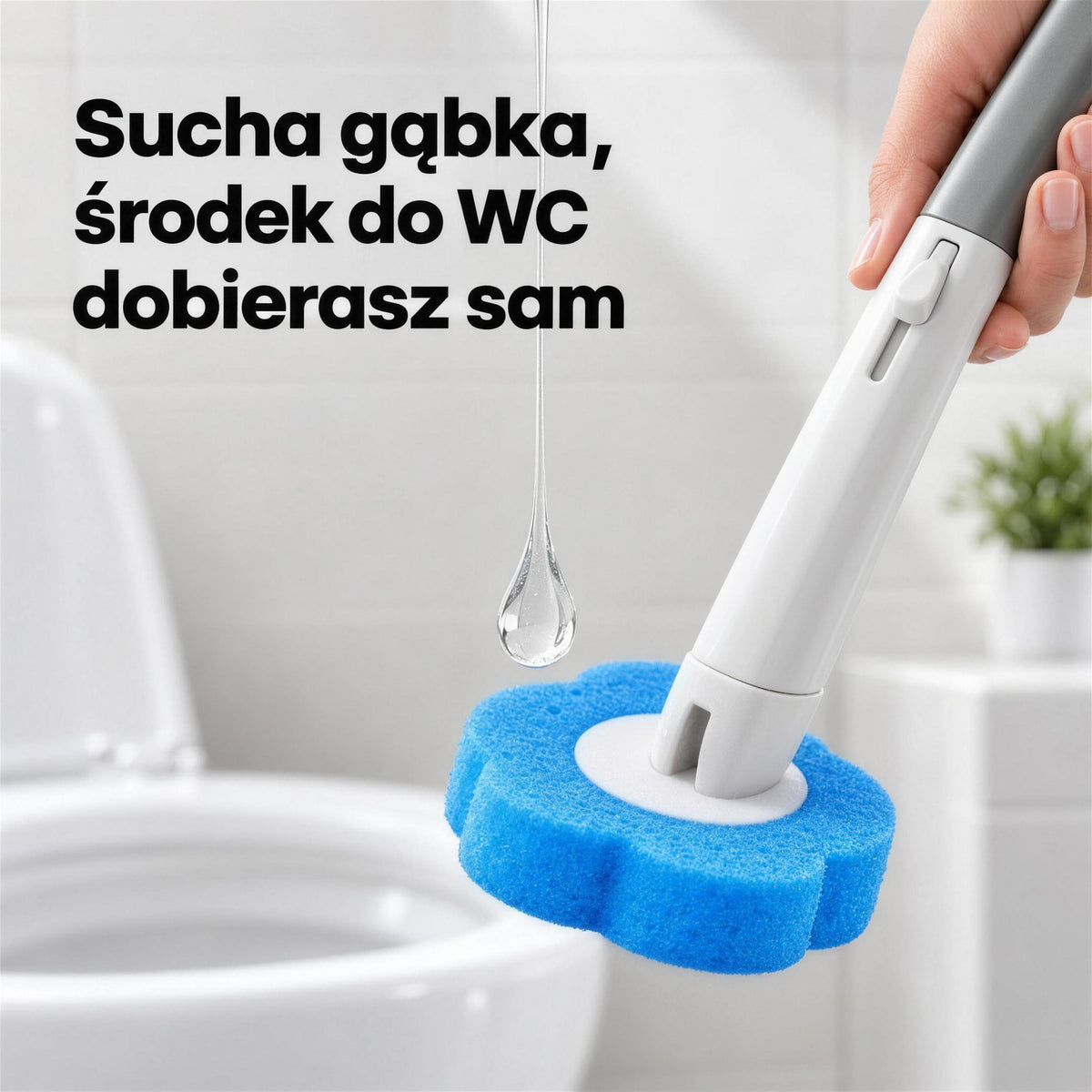 Kropla żelu do WC spada na suchą gąbkową końcówkę szczotki