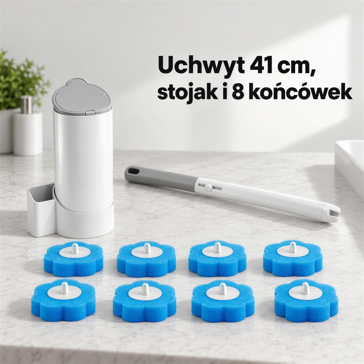 Zestaw: uchwyt 41 cm, stojak z pojemnikiem i 8 gąbkowych końcówek