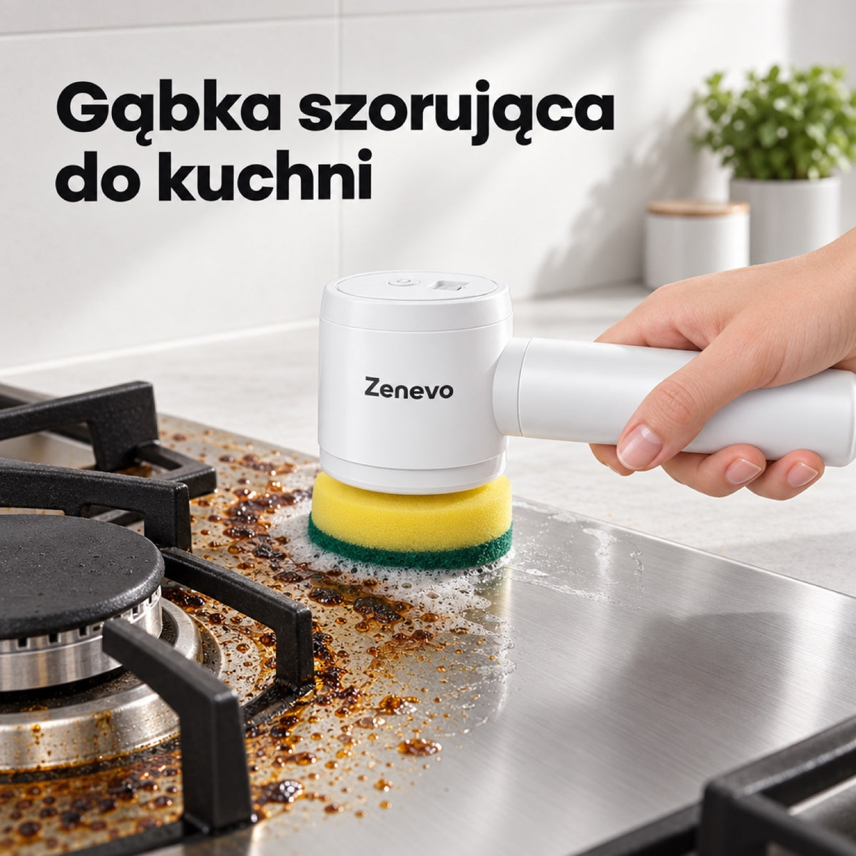 Gąbka szorująca na szczotce obrotowej czyści przypalony tłuszcz na płycie gazowej
