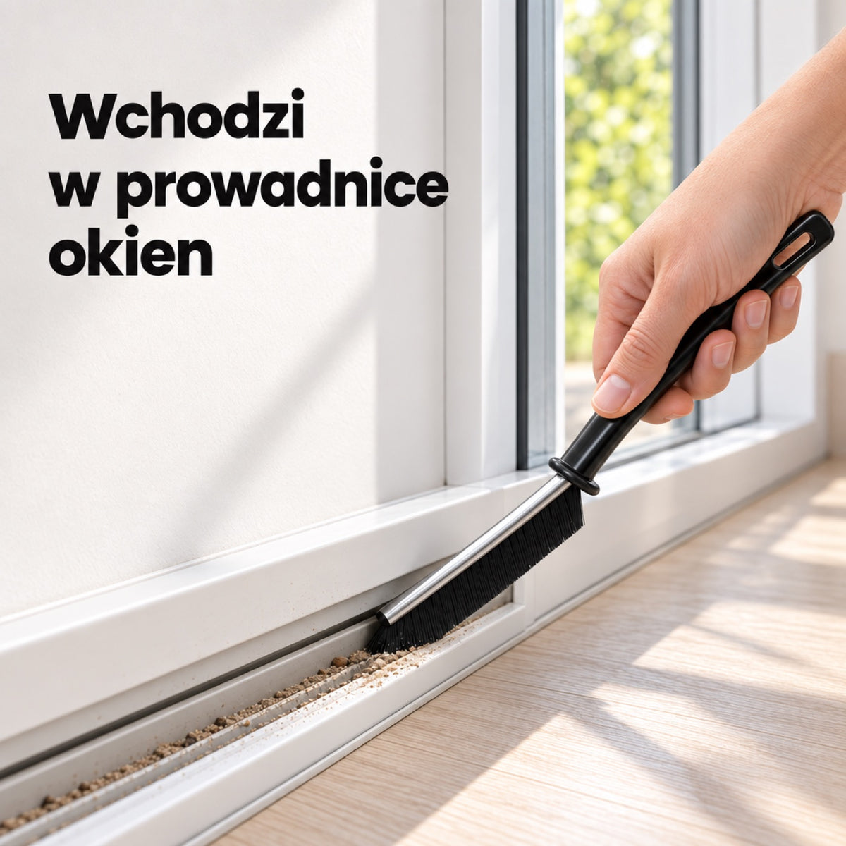 Szczotka szczelinowa wymiata piasek z prowadnicy drzwi balkonowych
