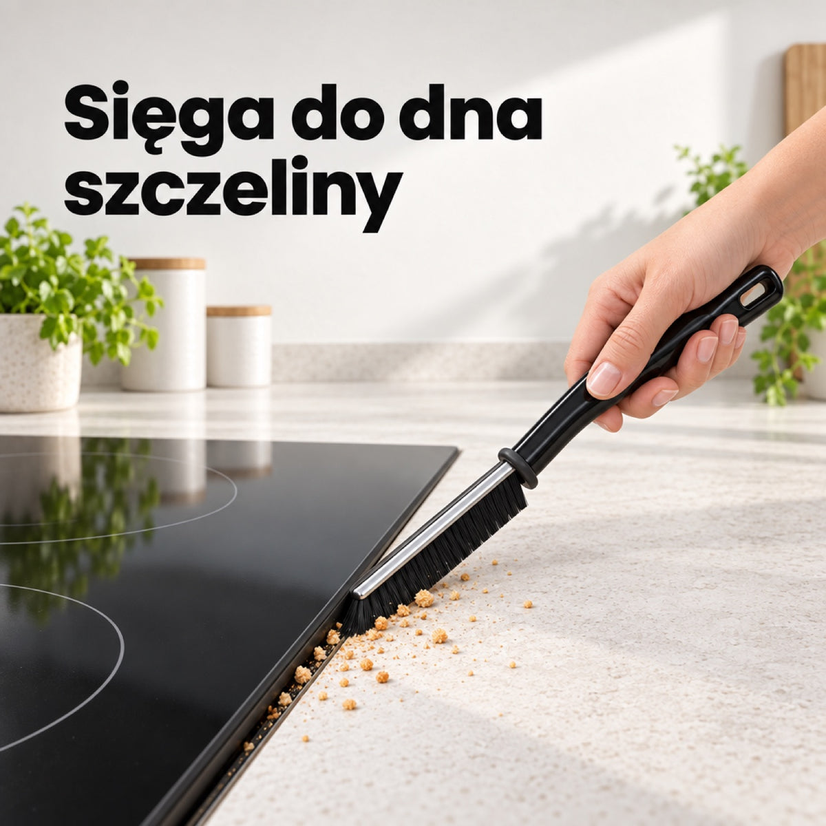 Szczotka szczelinowa czyści szczelinę między płytą grzewczą a blatem