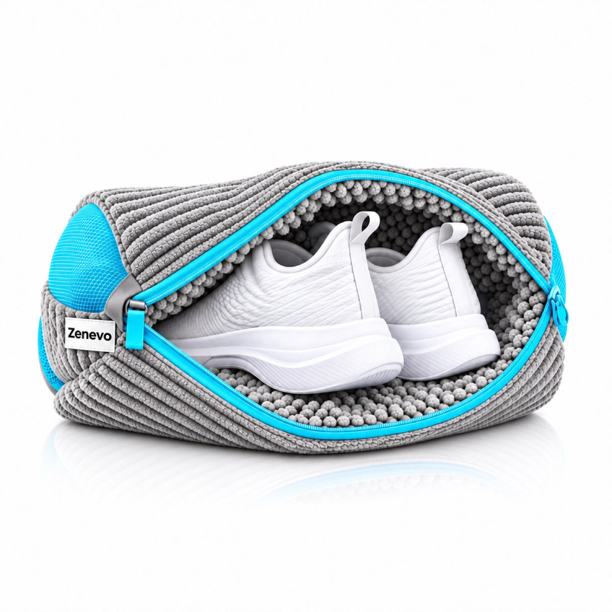 Worek do prania butów Zenevo z szarej mikrofibry z parą białych sneakersów w środku