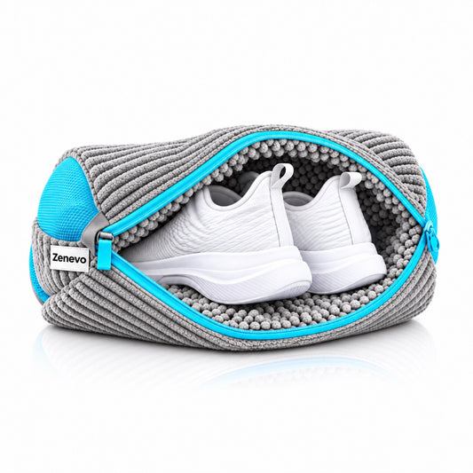 Worek do prania butów Zenevo z szarej mikrofibry z parą białych sneakersów w środku