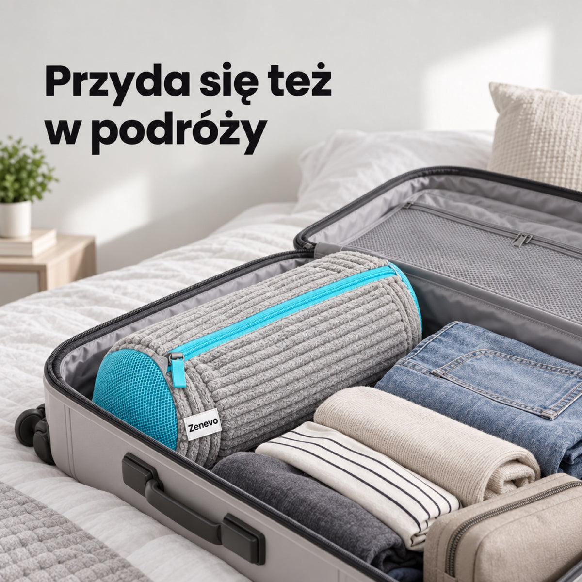 Worek z butami w walizce obok złożonych ubrań