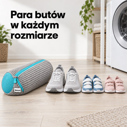 Worek do prania butów obok męskich butów do biegania i dwóch par butów dziecięcych